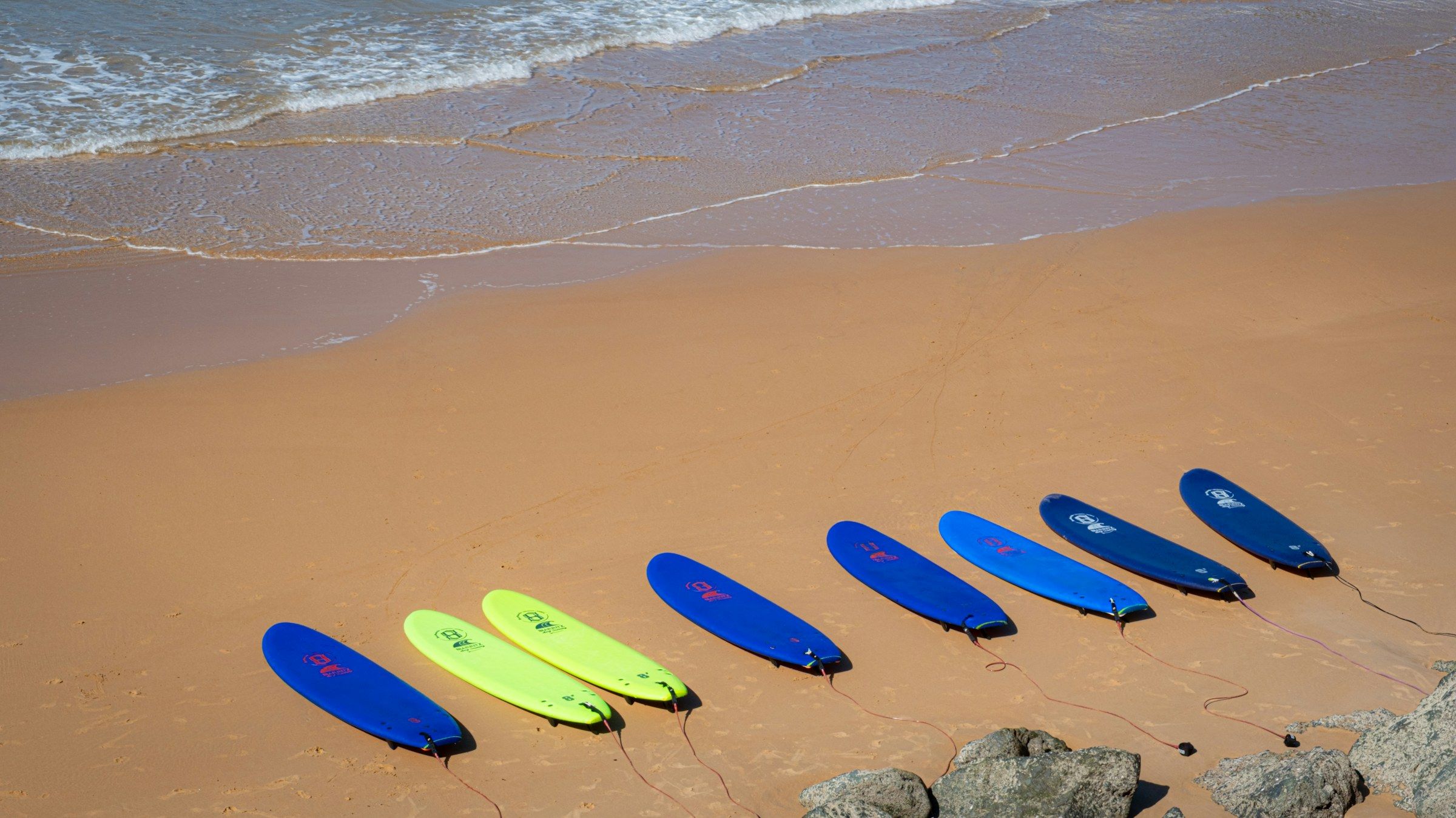 Planches bleues et jaunes alignées sur le sable, au bord de l’eau